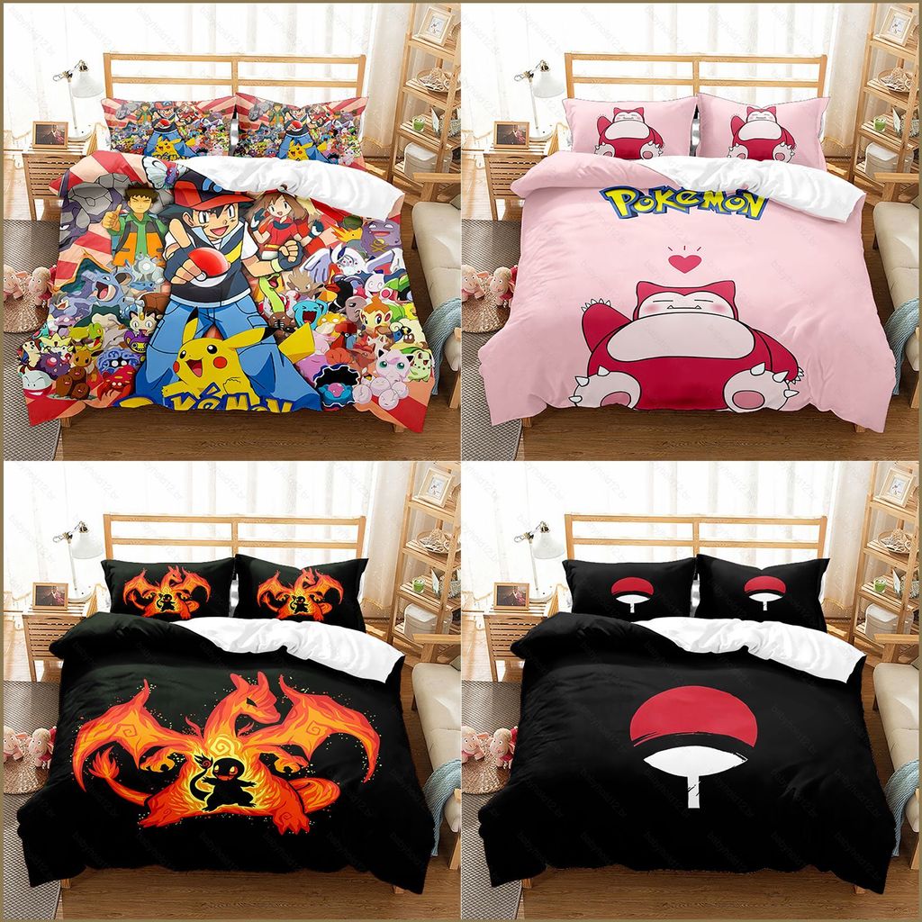 BB12 Pokemon 3IN1 Terno Conjunto De Cama Lençol Colcha Capa Fronha Casa Quarto Lavável Dormitório BB12