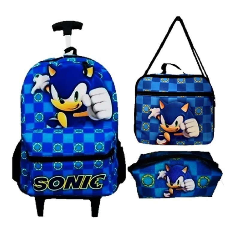 KIT Mochila Rodinhas Bolsa Escolar Juvenil Sonic Games Infantil