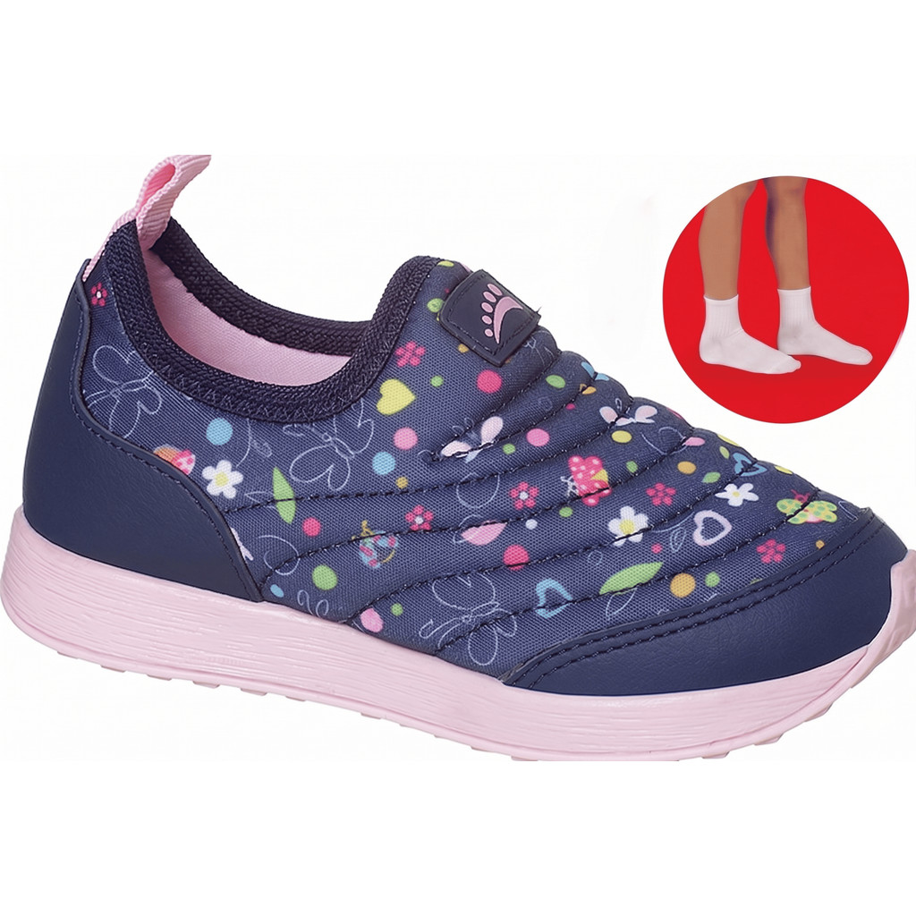 Tênis Infantil Ortopasso Jogging Calce Fácil Menino Menina Preto Kit com 1 par de meia
