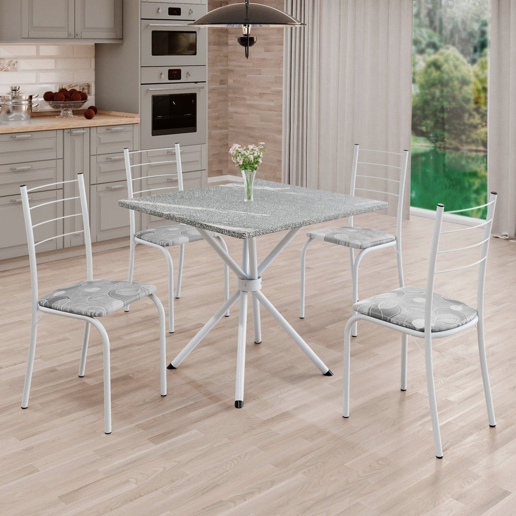 Conjunto Sala de Jantar Mesa Quadrada 70x70cm Tampo Granito Topázio 4 Cadeiras Rio Paraopeba/Branco