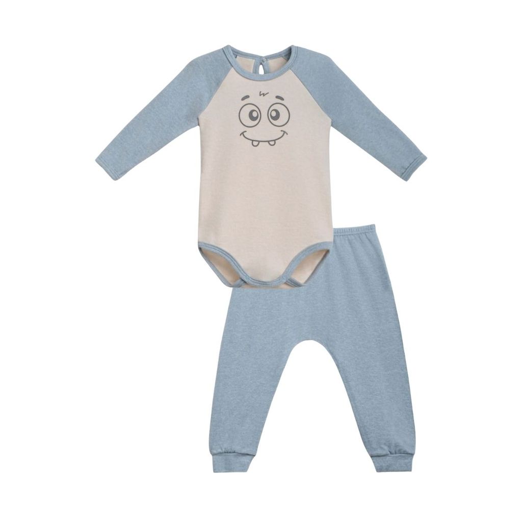 Conjunto Body Raglan Melange Bicho Papão Azul Luar para Bebê - Dedeka