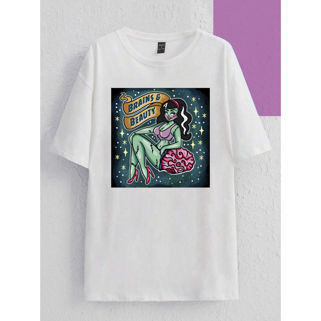 Camiseta Unissex Oversized Street Wear Hallowen Brains e Beauty Zombie Blusa Swag Versátil Moderna