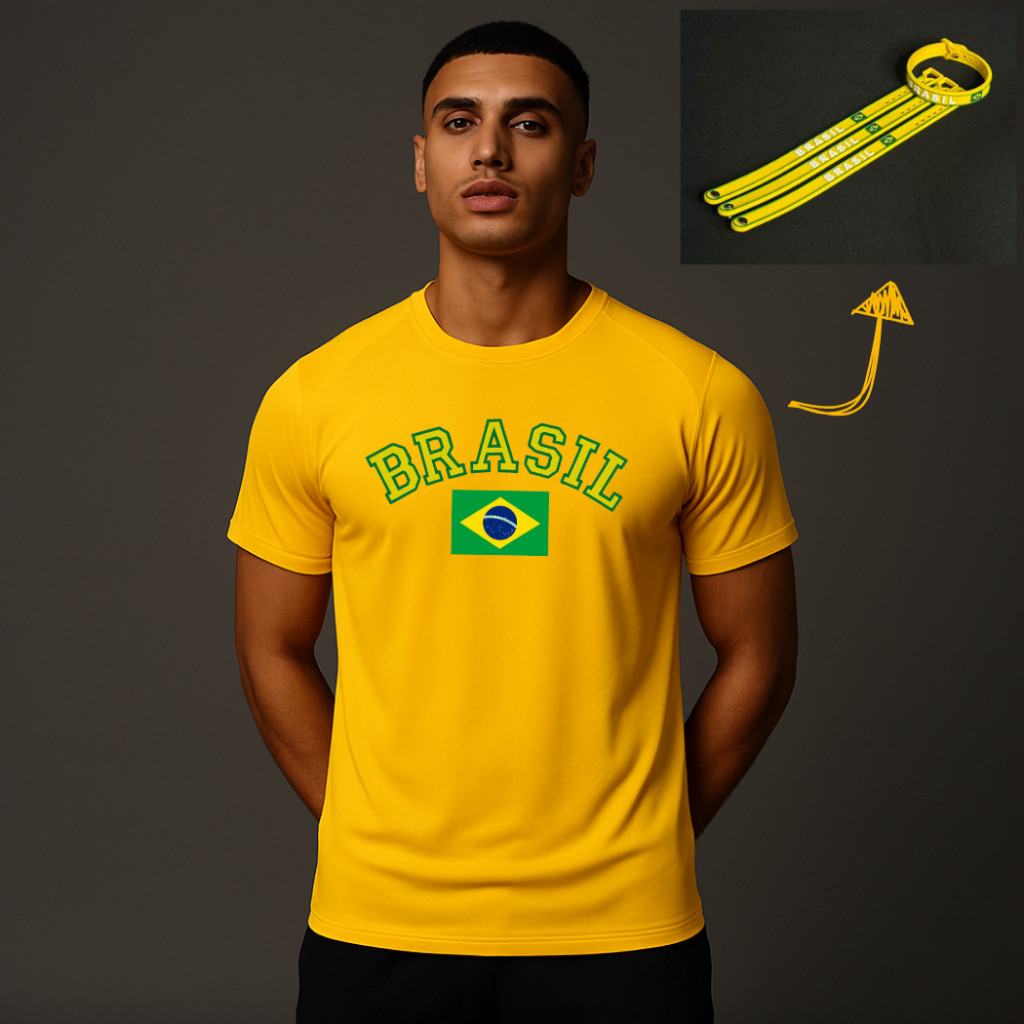 Camiseta Dry Fit Brasil Torcida Unissex + Pulseira Silicone Brasil Copa Do Mundo 2026