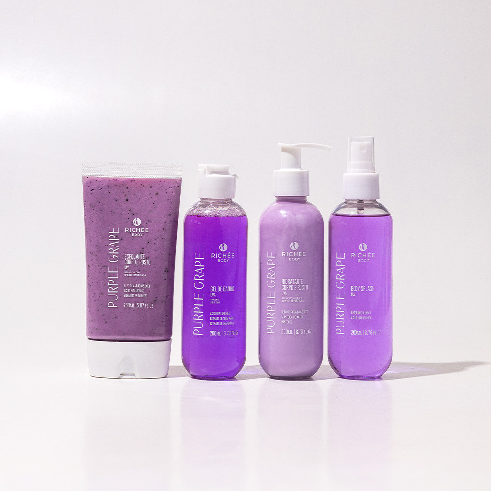 Kit Esfoliante, Gel de Banho, Hidratante e Body Splash Uva