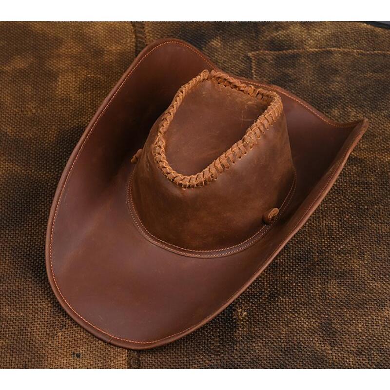Chapéu de Cowboy Ocidental Masculino em Couro Genuíno com Aba Larga, Estilo Retrô Clássico Jazz, para Viagens, Personali