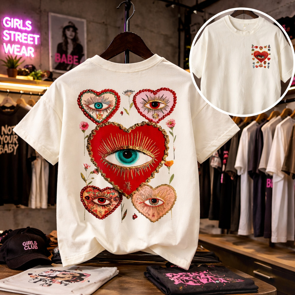 Camiseta Feminina Streetwear Coração com Olhos Camisa 100% Algodão Energia Feminina Básica Lançamento Oferta