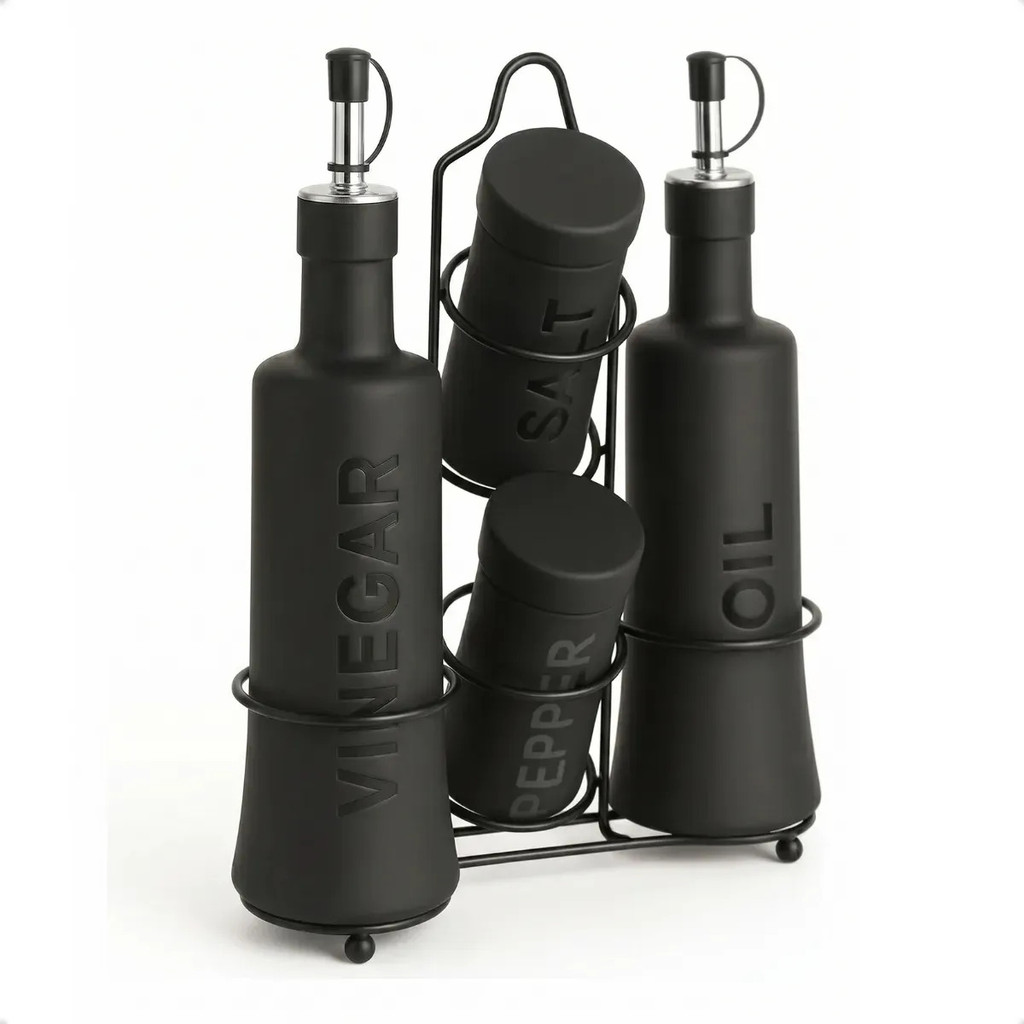 Galheteiro Com Suporte 5 Peças e 2 Peças Nero Vidro Preto Decoração Ex Decor