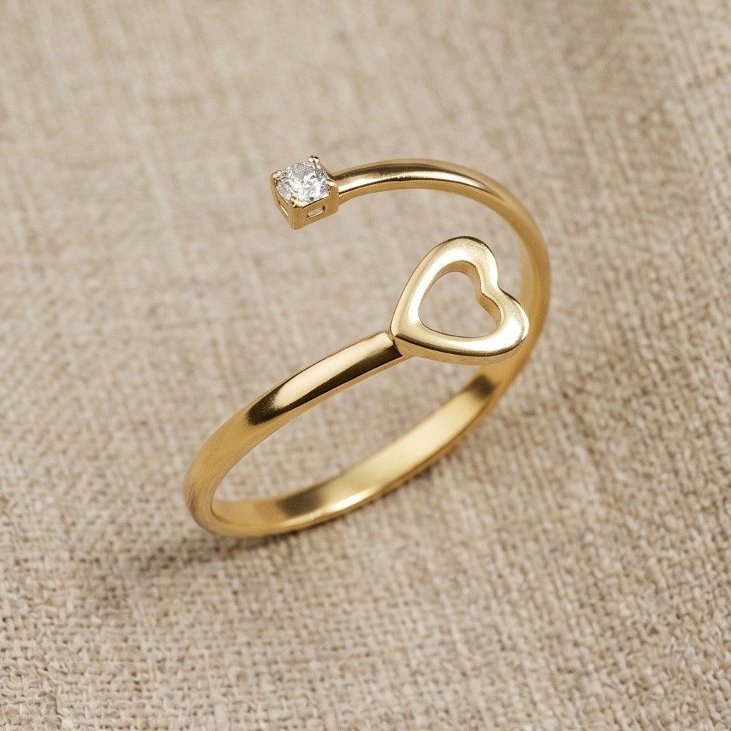 Anel de Falange Ajustável Zircônia e Coração Feminino com Banhado em Ouro