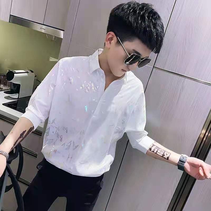 Camisa de manga de três quartos masculina versão coreana na moda bonito na moda masculina combinando#七分袖衬衫男韩版潮流帅气潮男搭配