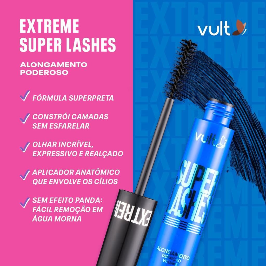 MÁSCARA DE CÍLIOS EXTREME ALTA DEFINIFIÇÃO VOLUME FIOS ALONGADOS SUPER LASHES 10G VULT