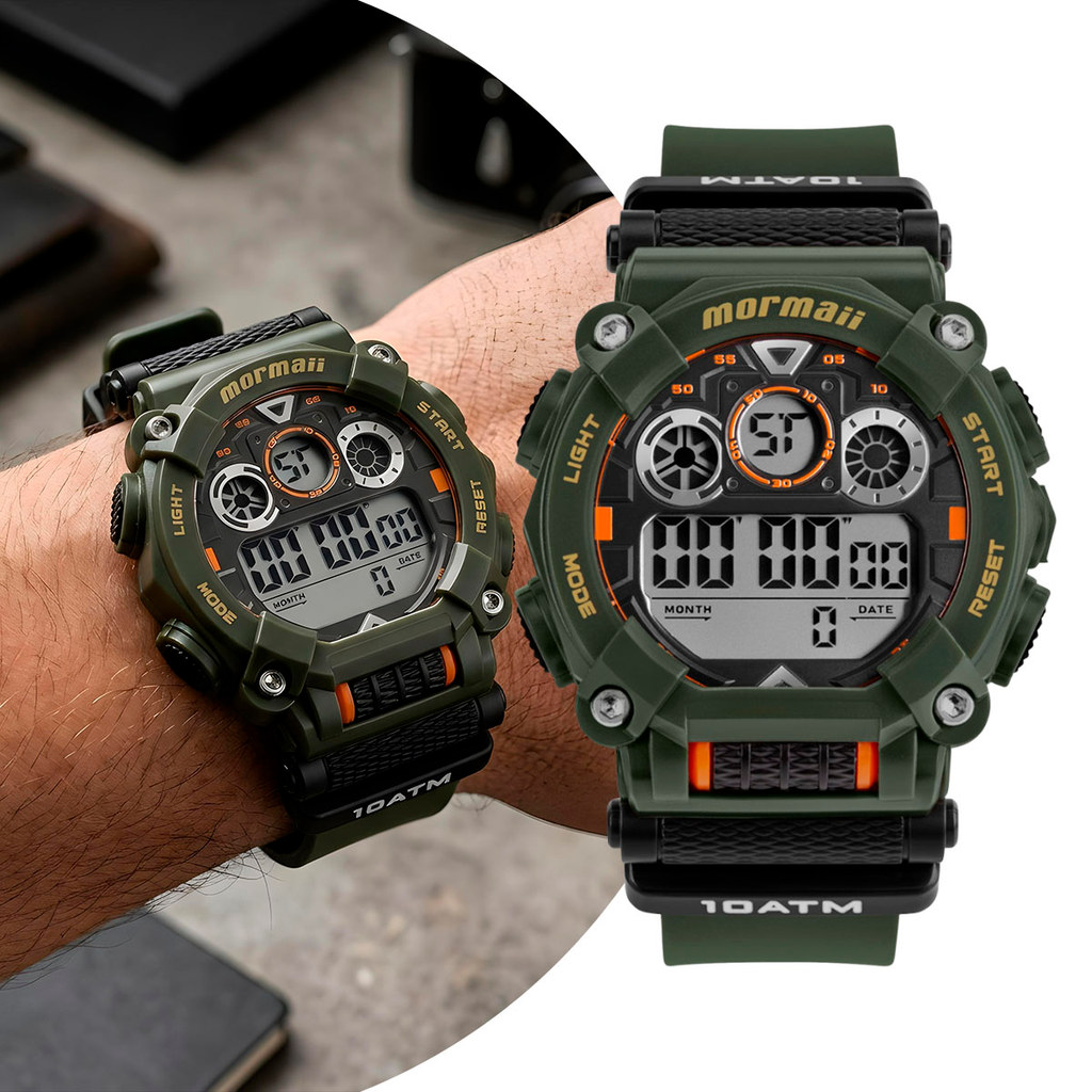 Relógio Masculino Digital Verde com Caixa de Polímero e Pulseira de Silicone à Prova d Água Militar Tático Shock Mormaii