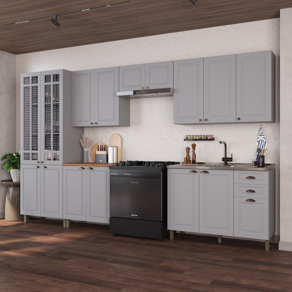 Cozinha Modulada 6 Peças 1 Cristaleira com Vidro 2 Balcão sem Tampo 3 Aéreos 100% MDF Bari Cinza/Titânio Fosco