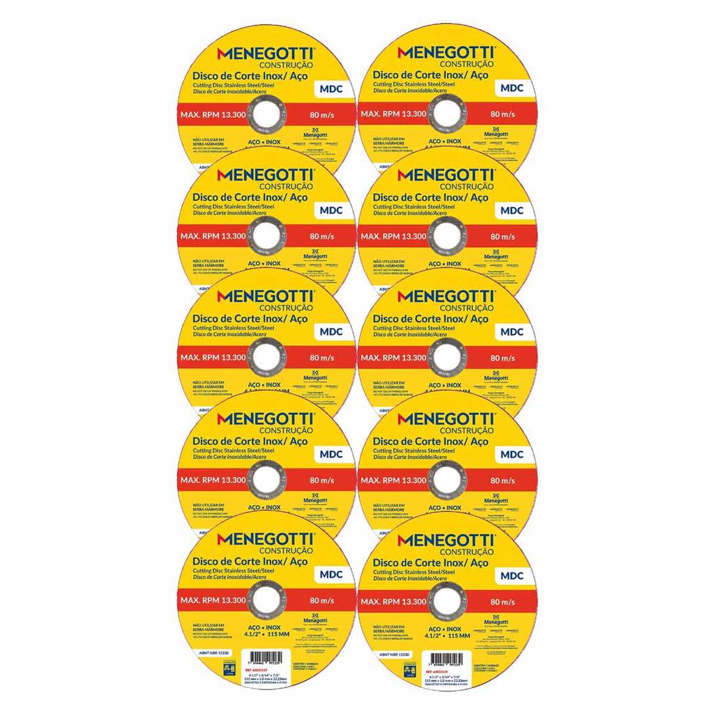 Disco de Corte Inox / Aço 115mm Com 10 Unidades MDC (63030119) - Menegotti