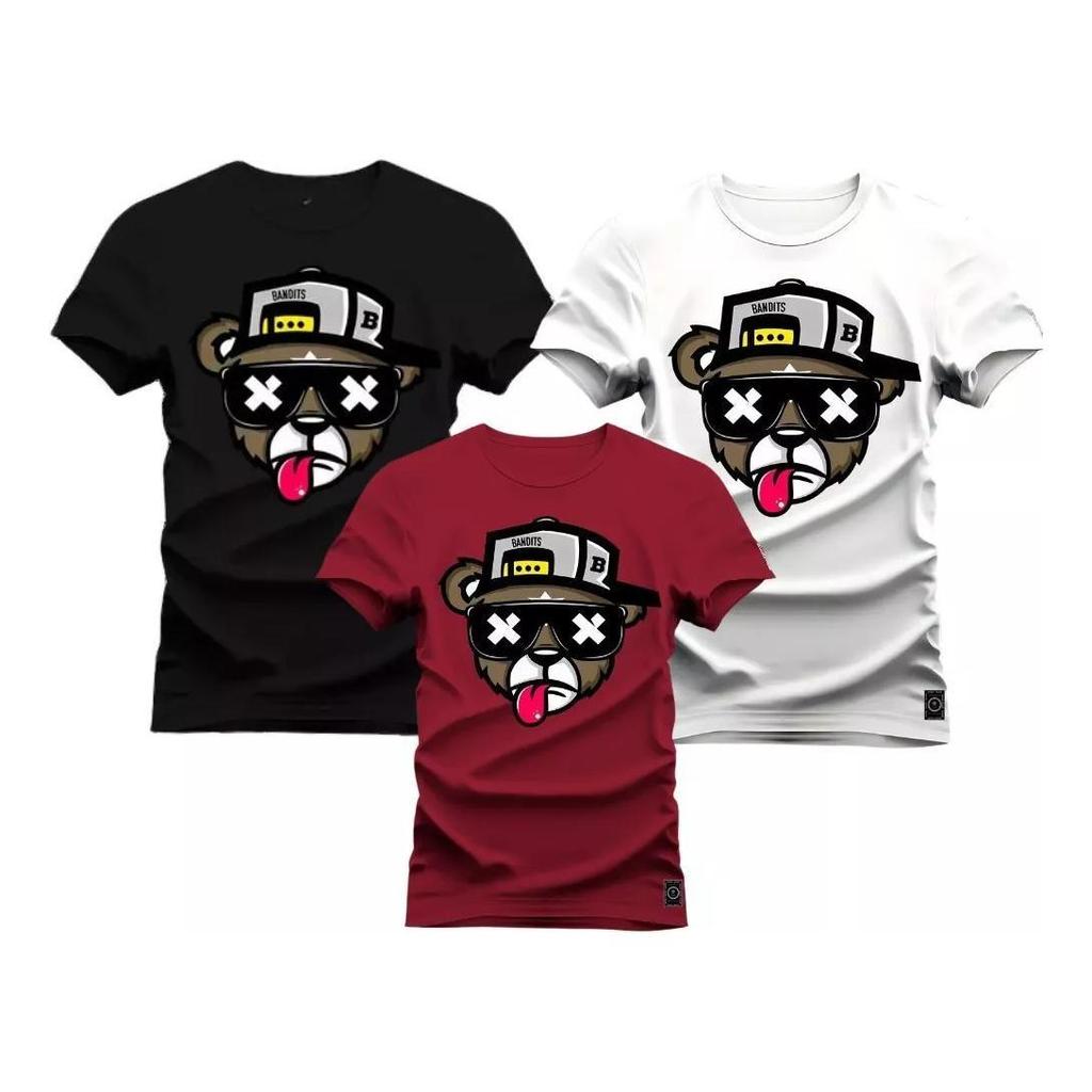 Kit 3 Camisetas Masculina, Camisa Urso Boné Bolado Algodão