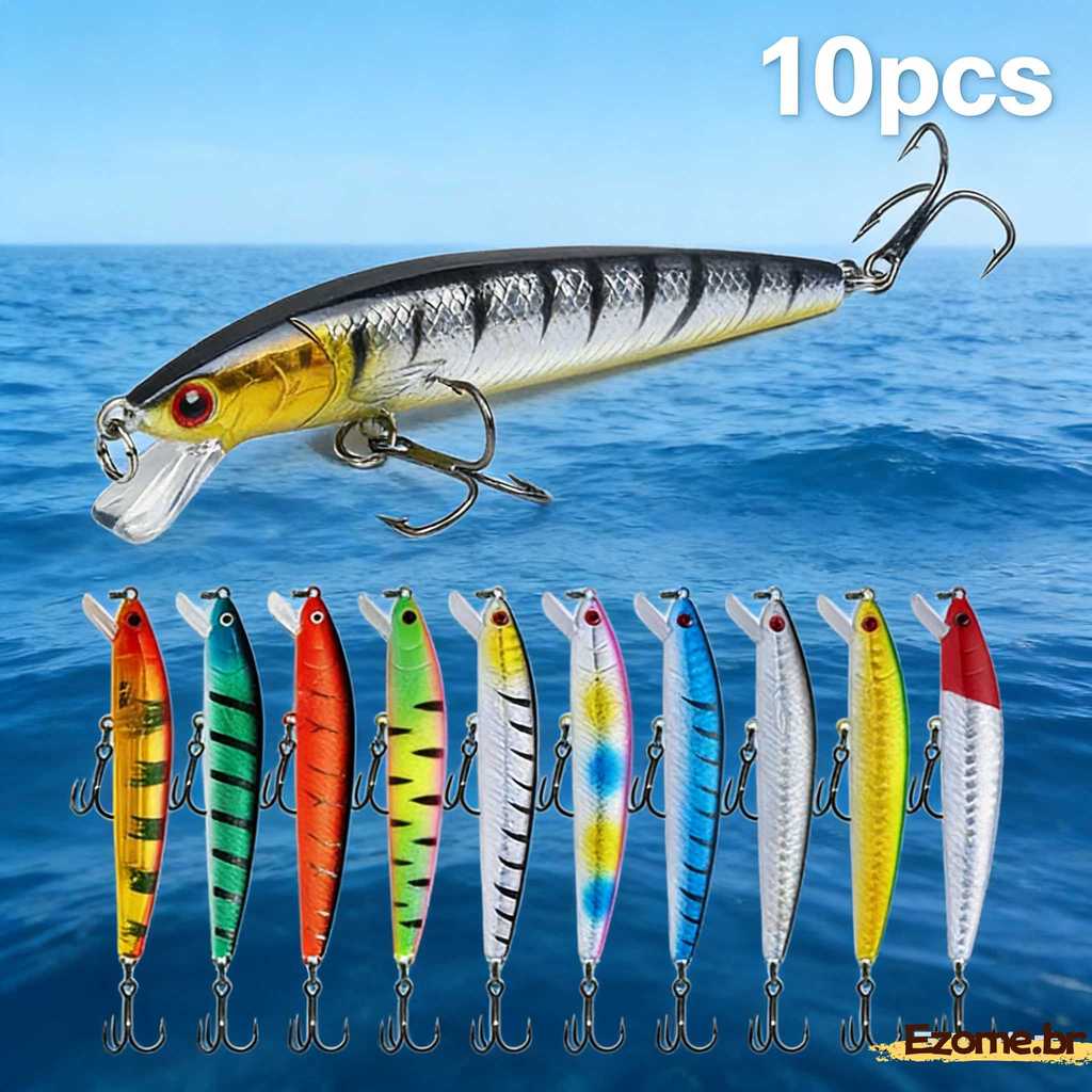 Kit 10 Iscas Artificial Meia água Premium Pesca Truta Peixe Realista Anzol Duplo 10cm 9g