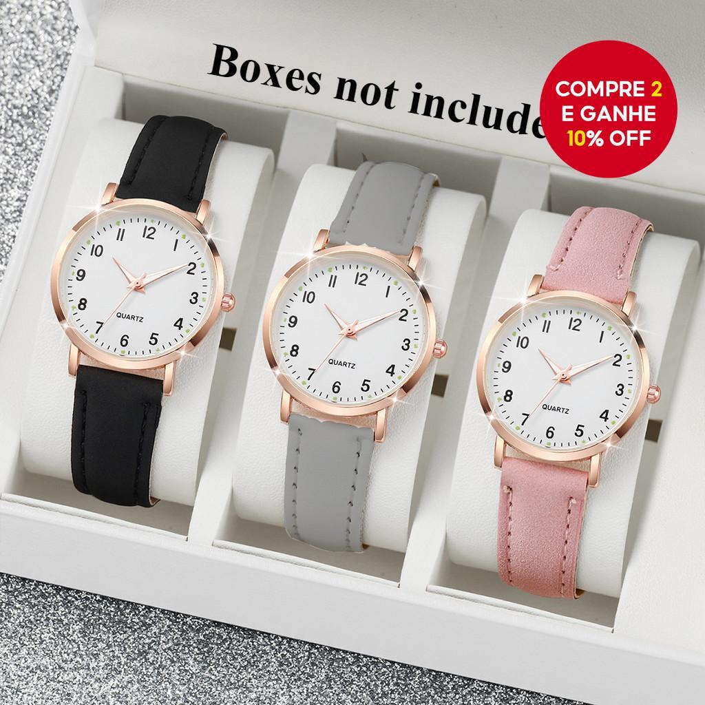 Conjunto De Relógio De Quartzo Elegante Feminino De 3 Unidades Com Pulseira De Couro PU Mostrador Redondo Para Uso Diári em Oferta na Shopee