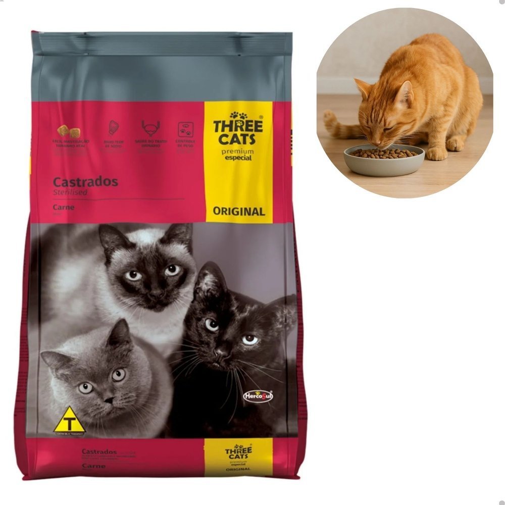 Ração Three Cats Original Carne para Gatos Castrados 10,1kg em Oferta na Shopee