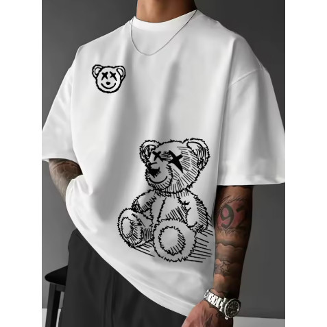 Camiseta Oversized Masculina Algodão Estampada Urso Estiloso Streetwear Lançamento Verão 100% Algodão