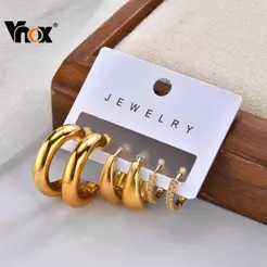 Vnox 3 Peças De Brincos Grossos De Argola De Zircônia Para Mulheres , Conjunto De Joias De Declaração De Aço Inoxidável