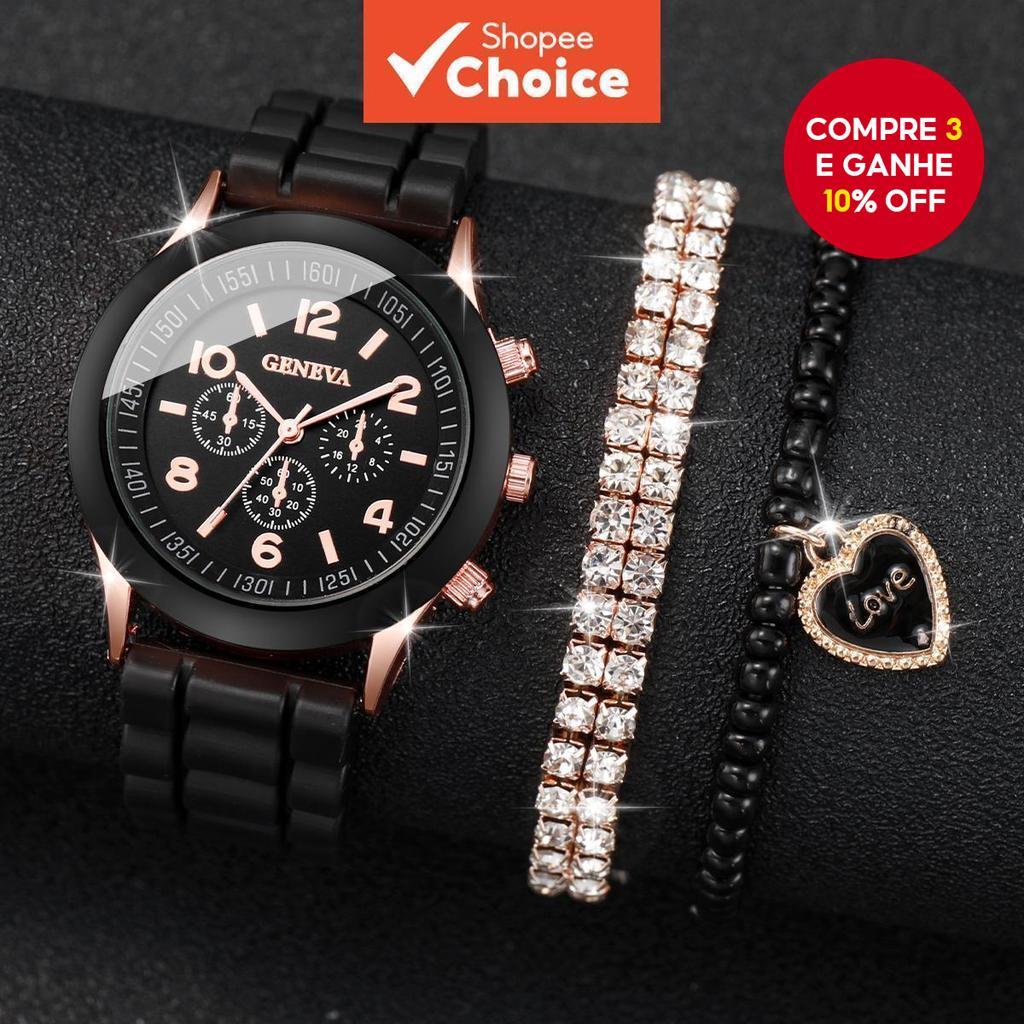 Relógio De Quartzo Com Pulseira De Silicone De Corações De Cristal Moda À Prova D’água Para Mulheres , Meninas , Festa D