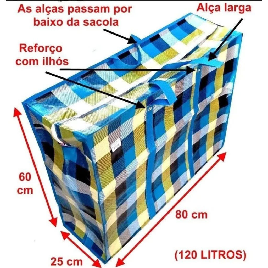 Bolsa Sacolão Grande com Zíper – Sacola de Viagem, Feira e Mudança Resistente - 70x55cm em Oferta na Shopee