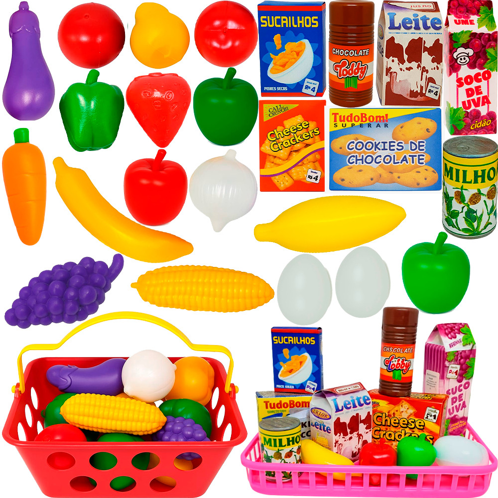Kit Comidinhas de Brinquedo Faz de Conta Cestinha de Frutas e Legumes + Mini Mercadinho Pica Pau