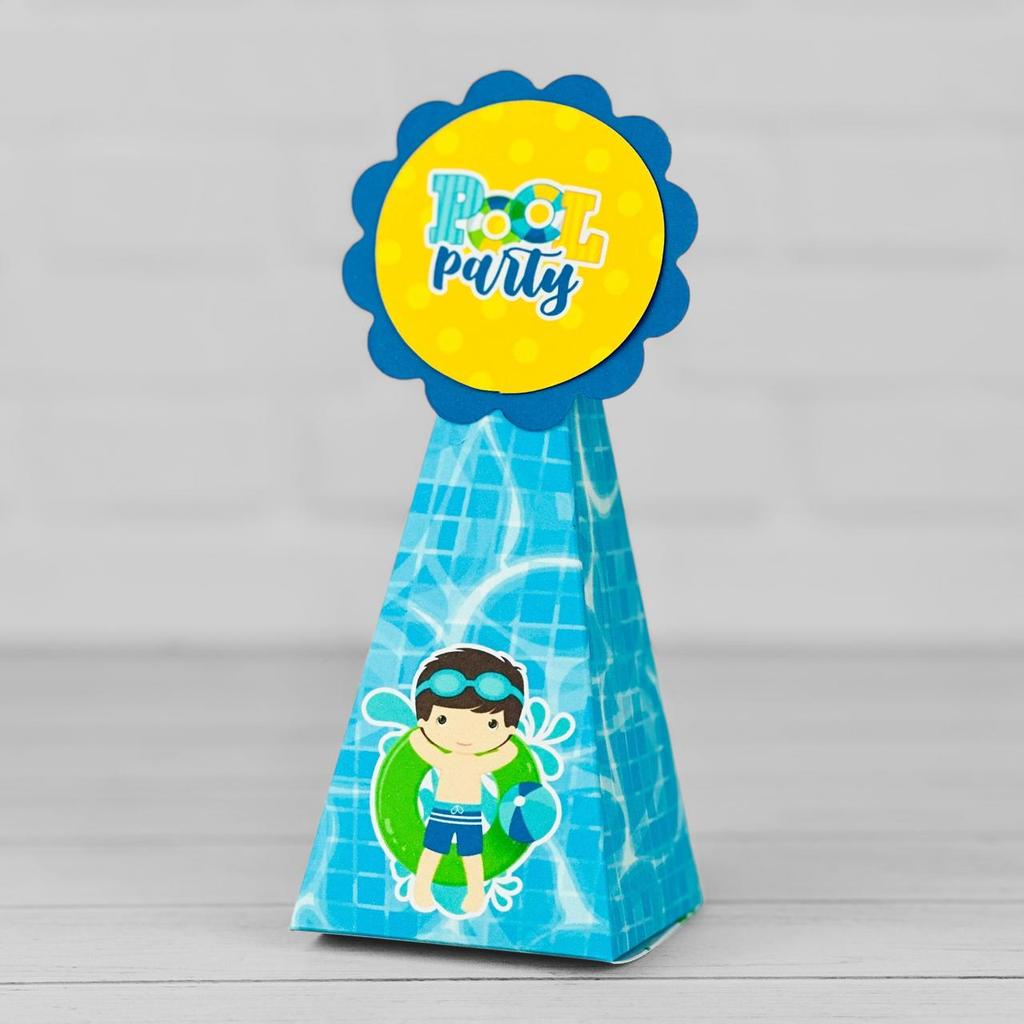 10 Caixinhas Tema POOL PARTY MENINO - Lembrancinha Festa Infantil Decoração Aniversário Caixa Pirâmide 