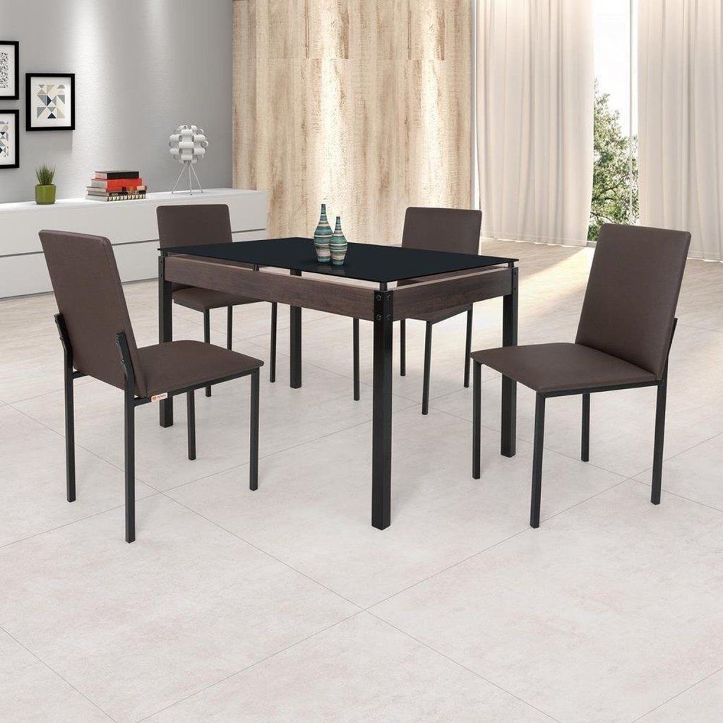 Conjunto Sala de Jantar Mesa Dubai 120x75cm Tampo Vidro com 4 Cadeiras Marrom/Preto/Linho