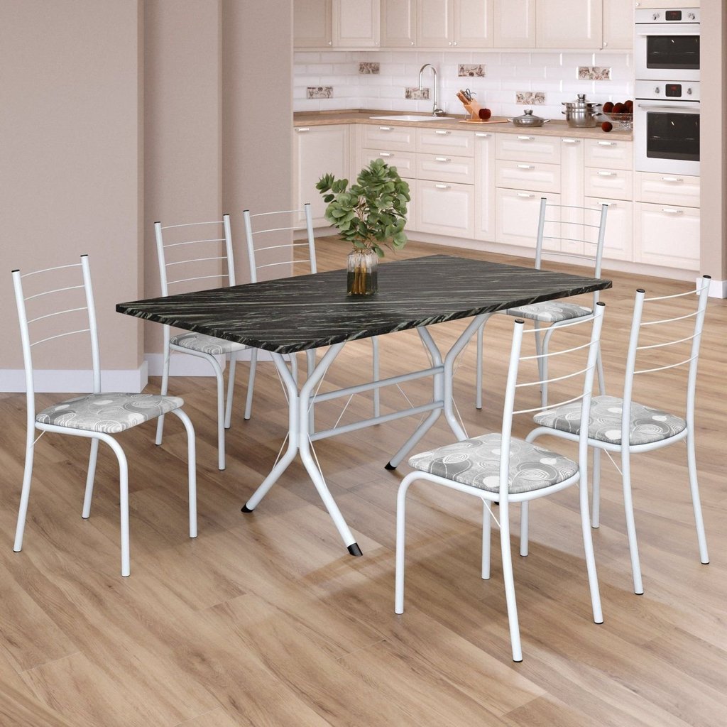 Conjunto Sala de Jantar Mesa Retangular 140x75cm Tampo Madeira Mdp Indiana 6 Cadeiras Rio Paraopeba/Branco