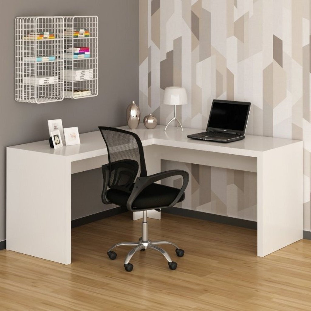 Conjunto 2 Peças com Escrivaninha em L Angular com Cadeira de Escritório Diretor Tela Mesh Branco Branco/Preto