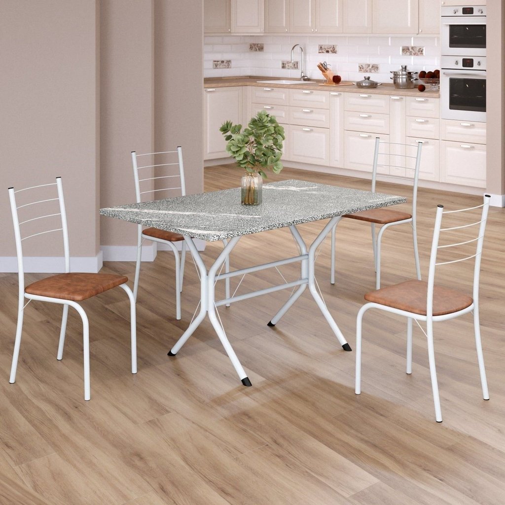 Conjunto Sala de Jantar Mesa Retangular 100x60cm Tampo Granito Topázio 4 Cadeiras Rio Marrom/Branco