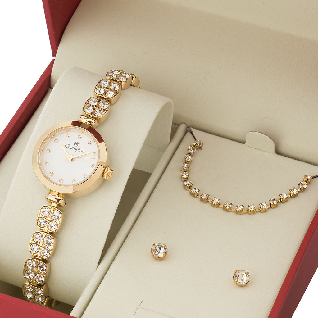 Relógio Feminino Champion Dourado Kit Pulseira e Brincos Riviera Original CF25090D