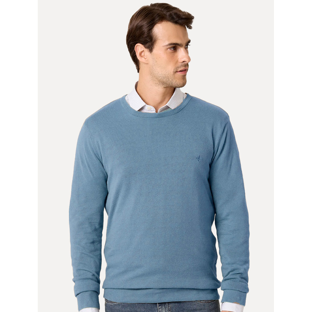 Suéter Dudalina Masculino Tricot Crewneck Basico Azul Médio