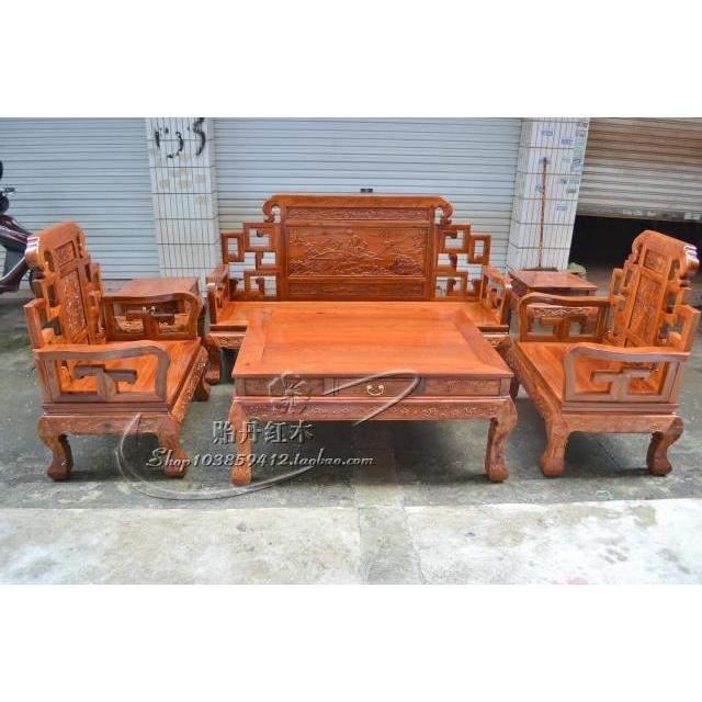 Grande fruta vermelho sândalo sofá conjunto de seis peças mianmar jacarandá sofá + mesa de centro paisagem sofá conjunto