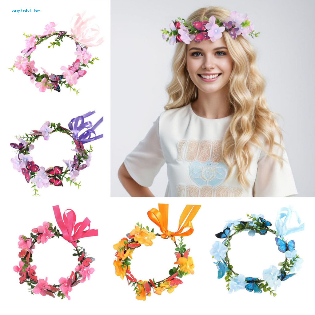 Bohemian Flower Crown Hair Wreath Floral Headband for Brides Bridesmaids Wedding Girls – Fairy Style Butterfly Design