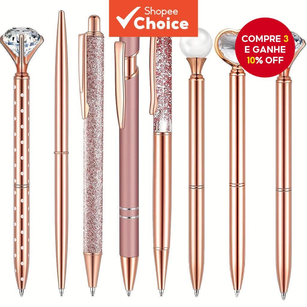 Conjunto De Canetas Esferográficas Com Glitter Em Ouro Rosa-Design De Cristal De Metal Are...