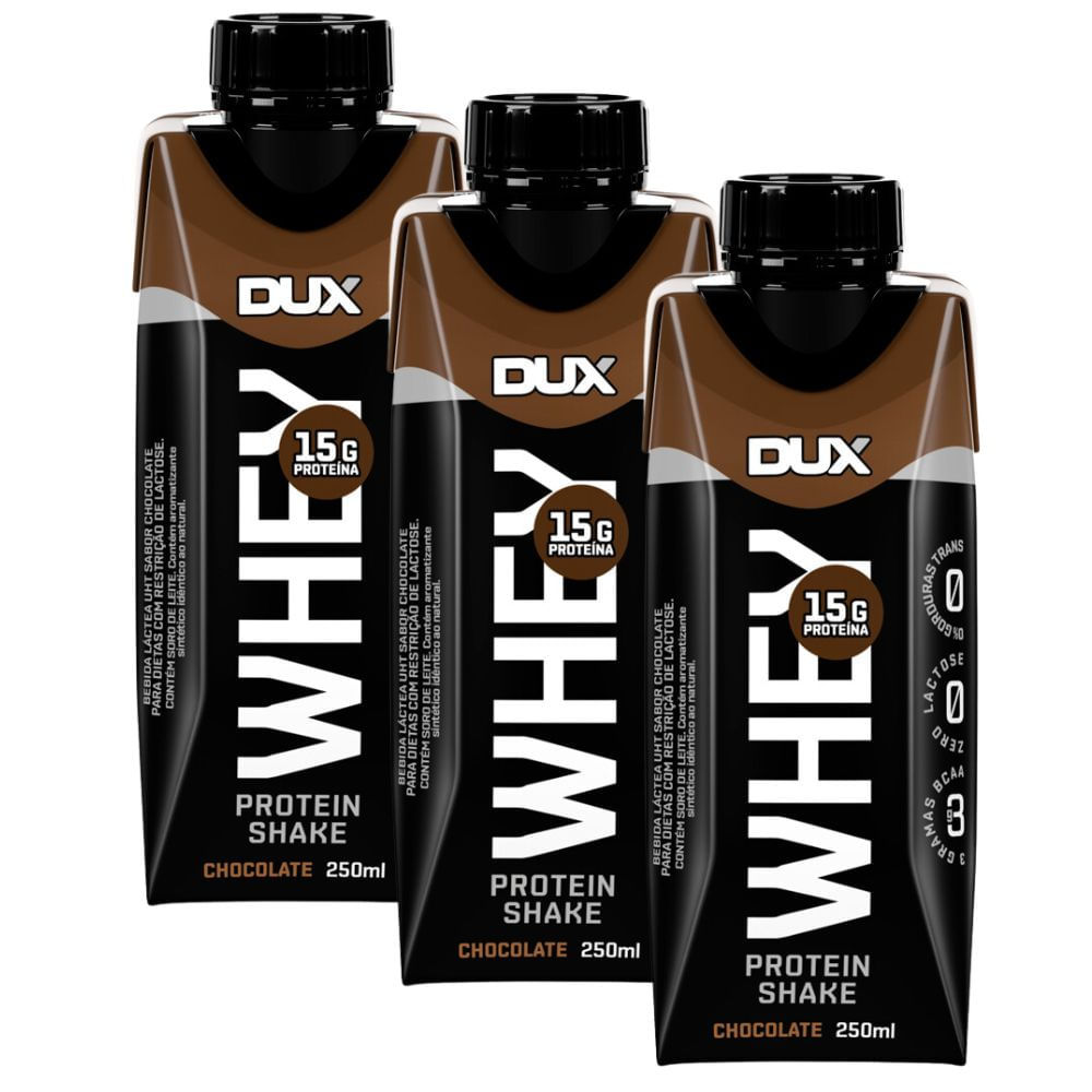 Kit 3 Bebida Láctea UHT Whey Protein Shake Dux Sabor Chocolate com 15g de Proteína 250ml em Oferta na Shopee