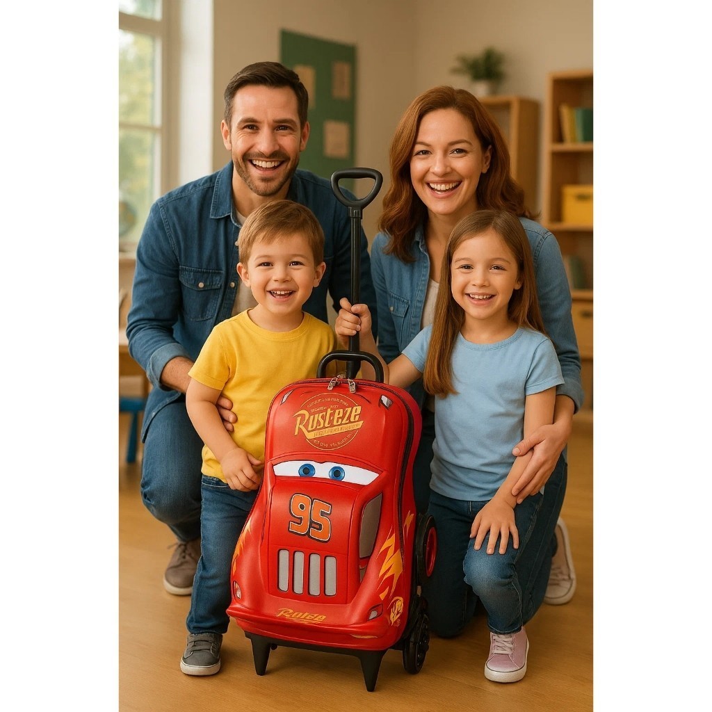Mala Infantil Carrinho McQueen  Rodinhas Vermelha Mochila Criança Personagem Viagem Bolsa Bagagem
