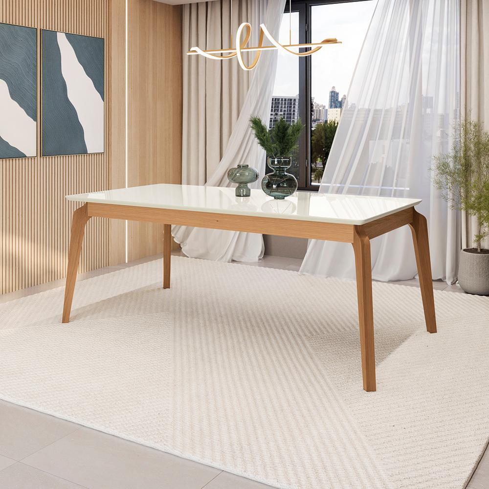 Mesa de Jantar Kappesberg em Madeira Maciça com Tampo de Vidro Off White 200cm