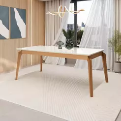 Mesa de Jantar Kappesberg em Madeira Maciça com Tampo de Vidro Off White 200cm