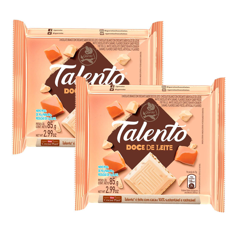 Kit 2 Chocolate Garoto Talento Branco com Doce de Leite 85g