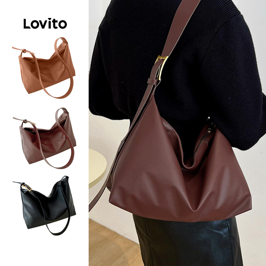Lovito Bolsa de ombro ajustável casual com zíper liso de alta capacidade Bolsa para mulheres LFA27460 em Oferta na Shopee