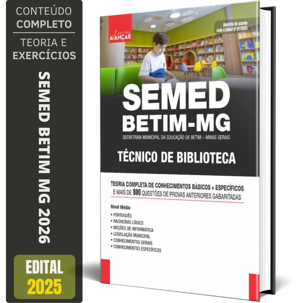 Apostila SEMED Betim Mg 2026 - Técnico De Biblioteca