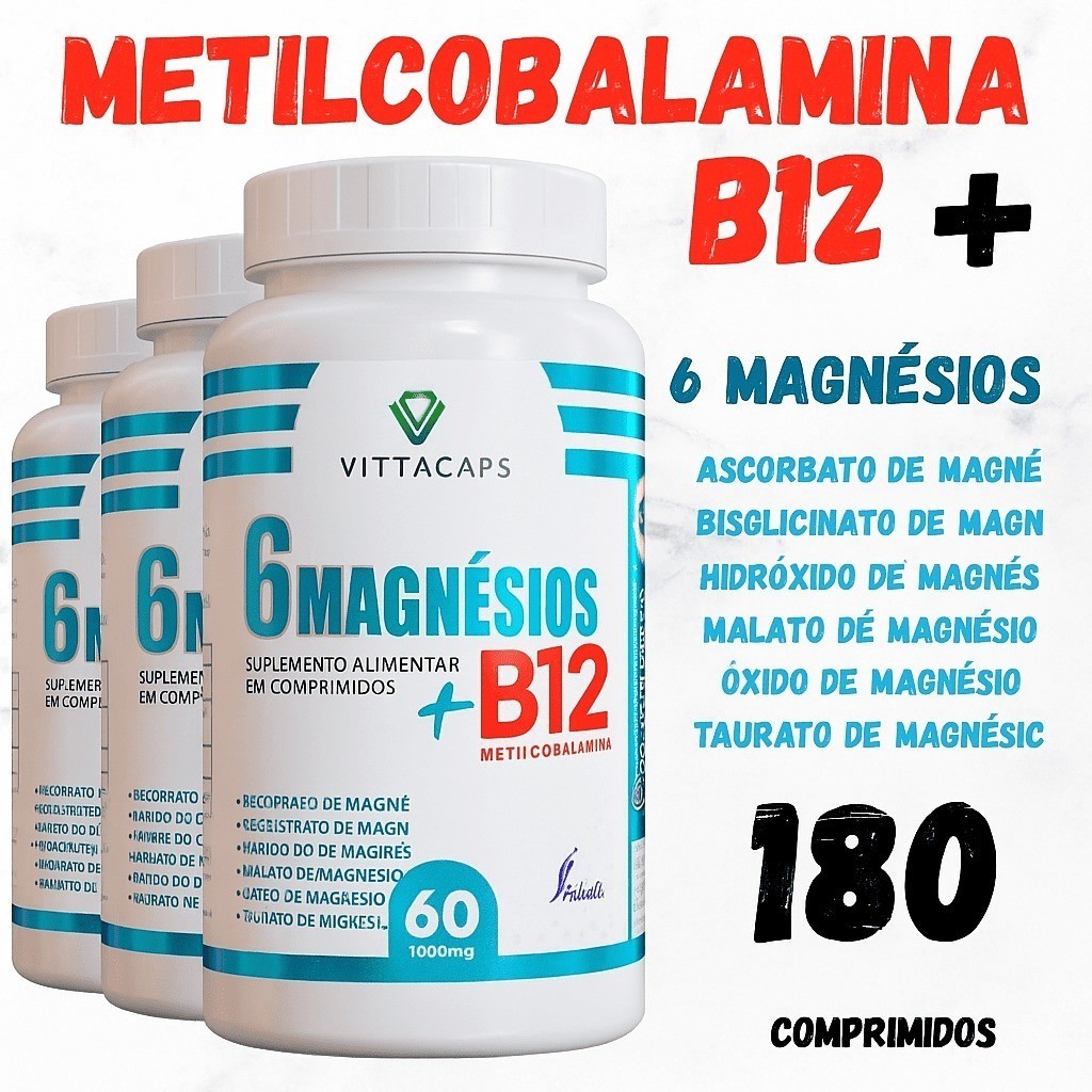 VITAMINA B12 METILCOBALAMINA +6 MAGNÉSIOS-AGORA EM 1 SÓ POTE | MAIS COMPLETO-6X1