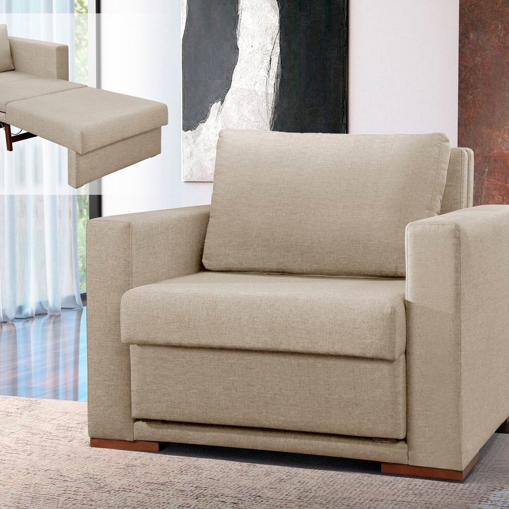 Sofá Cama Solteiro Extensível Linho Bege Claro Hermes Luxo 110cm Bege Claro