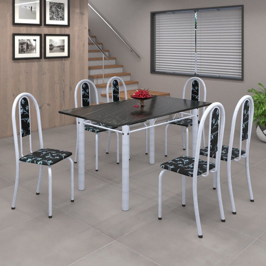 Conjunto de Mesa 140x75cm Tampo de Ardósia com 6 Cadeiras Iris a Soma Móveis Branco/Preto Floral/Martelado Pérola