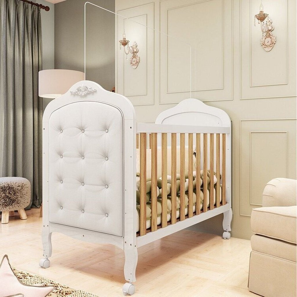Berço Mini Cama 3 em 1 com Capitonê 100% Mdf Maya Espresso Móveis Branco Brilho/Amêndoa