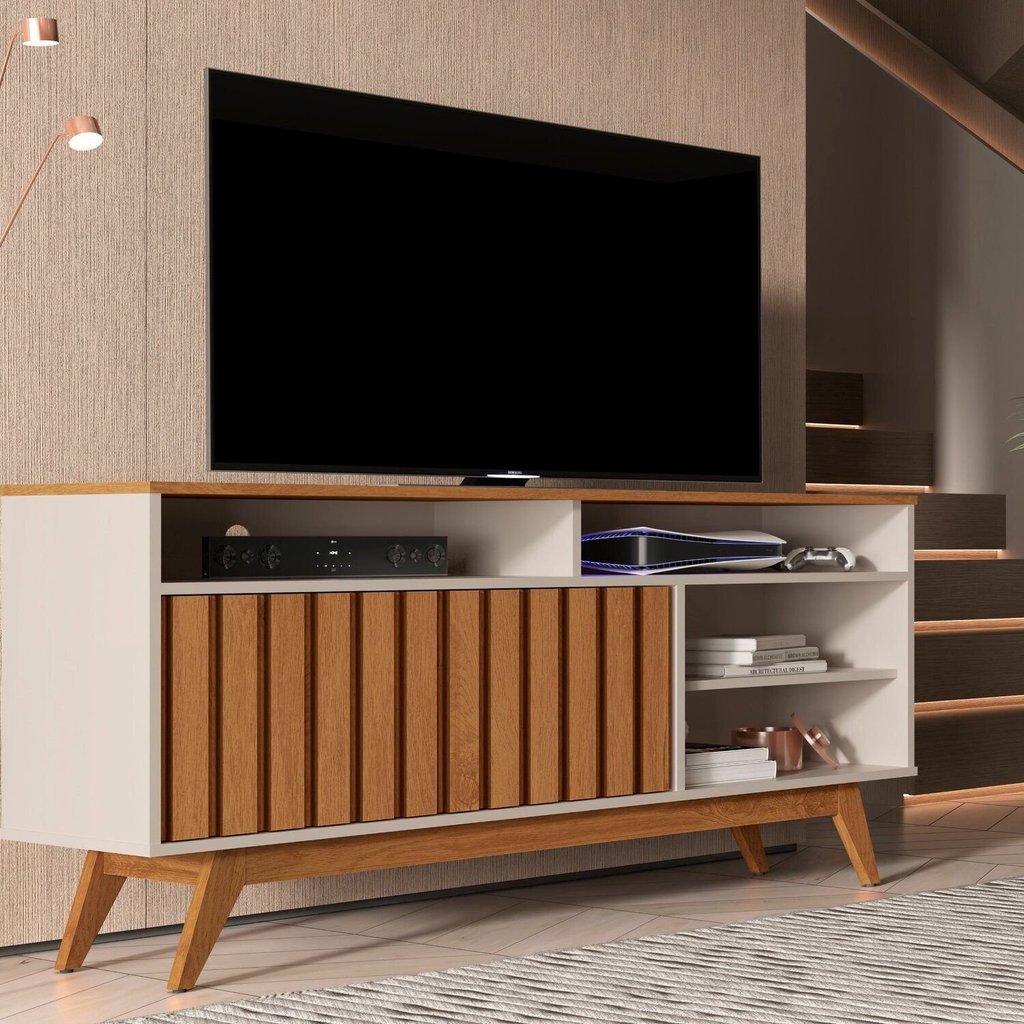 Rack Ripado para TV até 50 Polegadas MDF 136cm Pés em Madeira Maciça Turin Bege Off White/Freijó