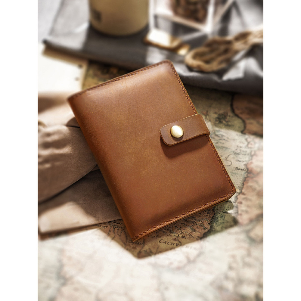 Bolsa para passaporte artesanal de couro genuíno, porta-cartões de armazenamento com fivela de pressão, couro genuíno, b