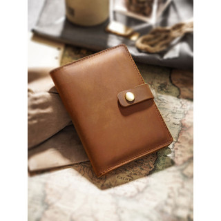 Bolsa para passaporte artesanal de couro genuíno, porta-cartões de armazenamento com fivela de pressão, couro genuíno, b